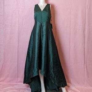 Adrianna Papell Green Pleated V Neck High Low Mikado Gown
